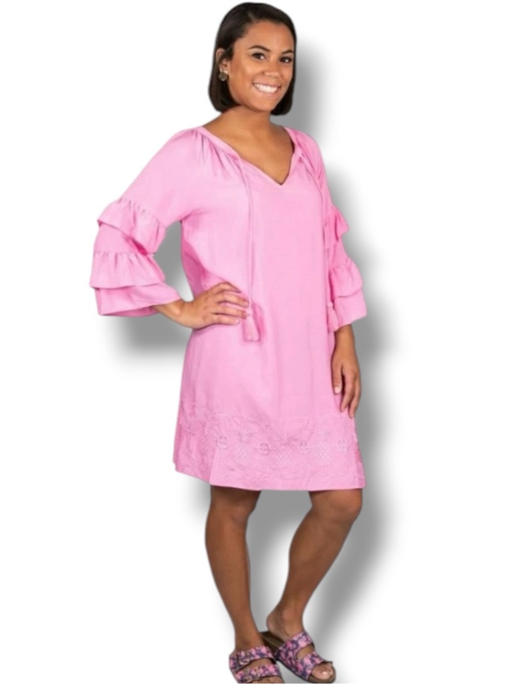 Simply Southern Pink tiered Ruffle Sleeve embroidered pineapple detailing Dress